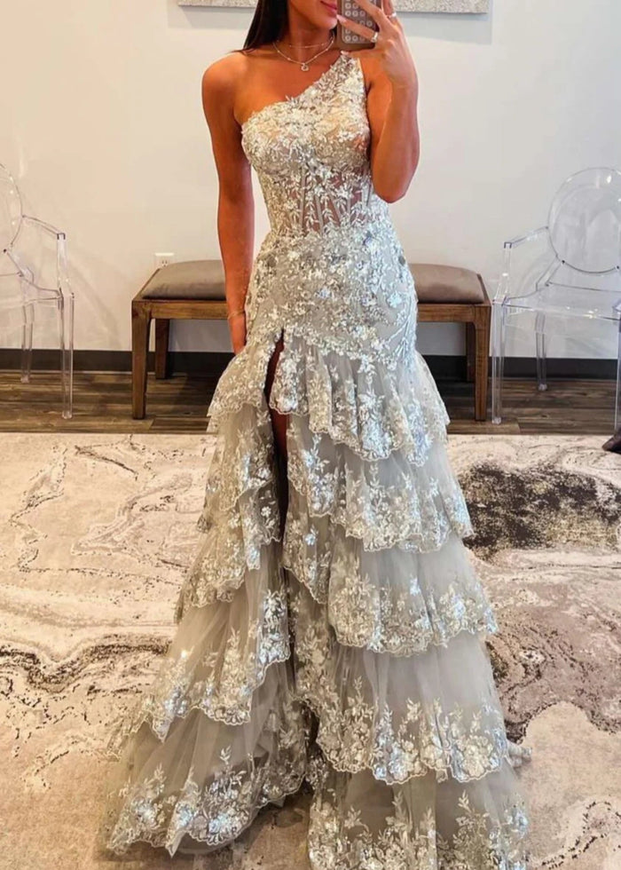 Dorothy | Red Lavender Mermaid One Shoulder Sequin Formal Dresses with Ruffles - Silver - PromDressClub