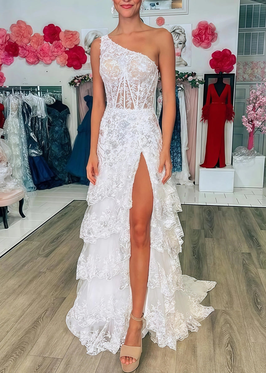 Dorothy | Red Lavender Mermaid One Shoulder Sequin Formal Dresses with Ruffles - White - PromDressClub