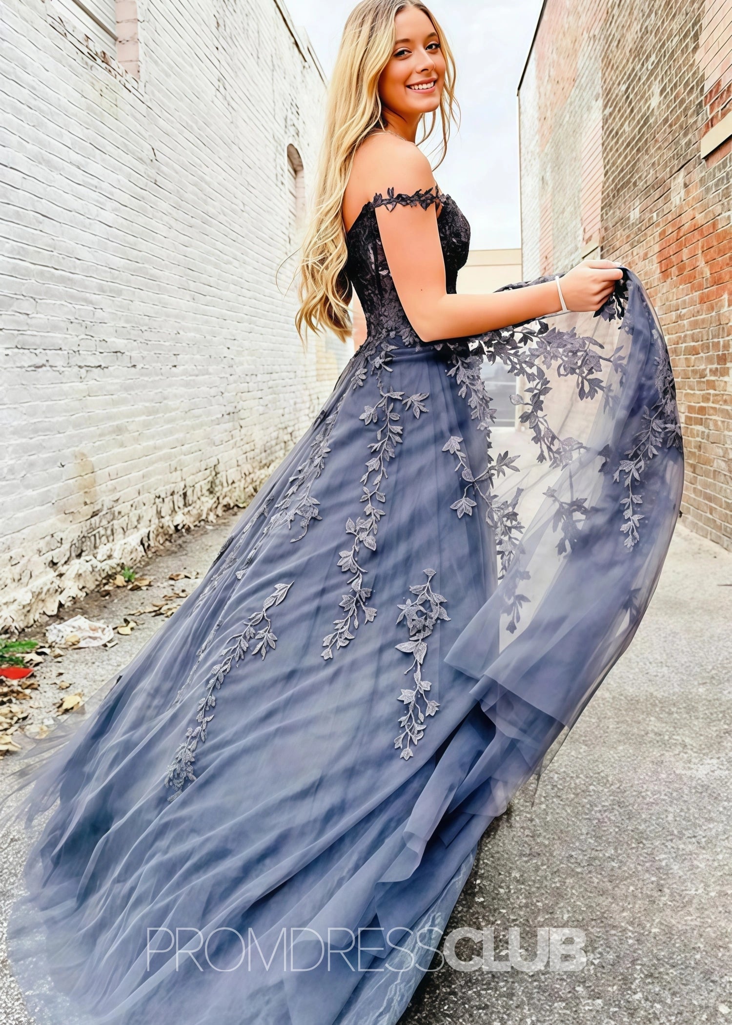 Eartha |Long Navy Blue Prom Dress Lace Tulle With A Line Sweetheart 3D Flower Slit - Navy Blue - US0 - PromDressClub