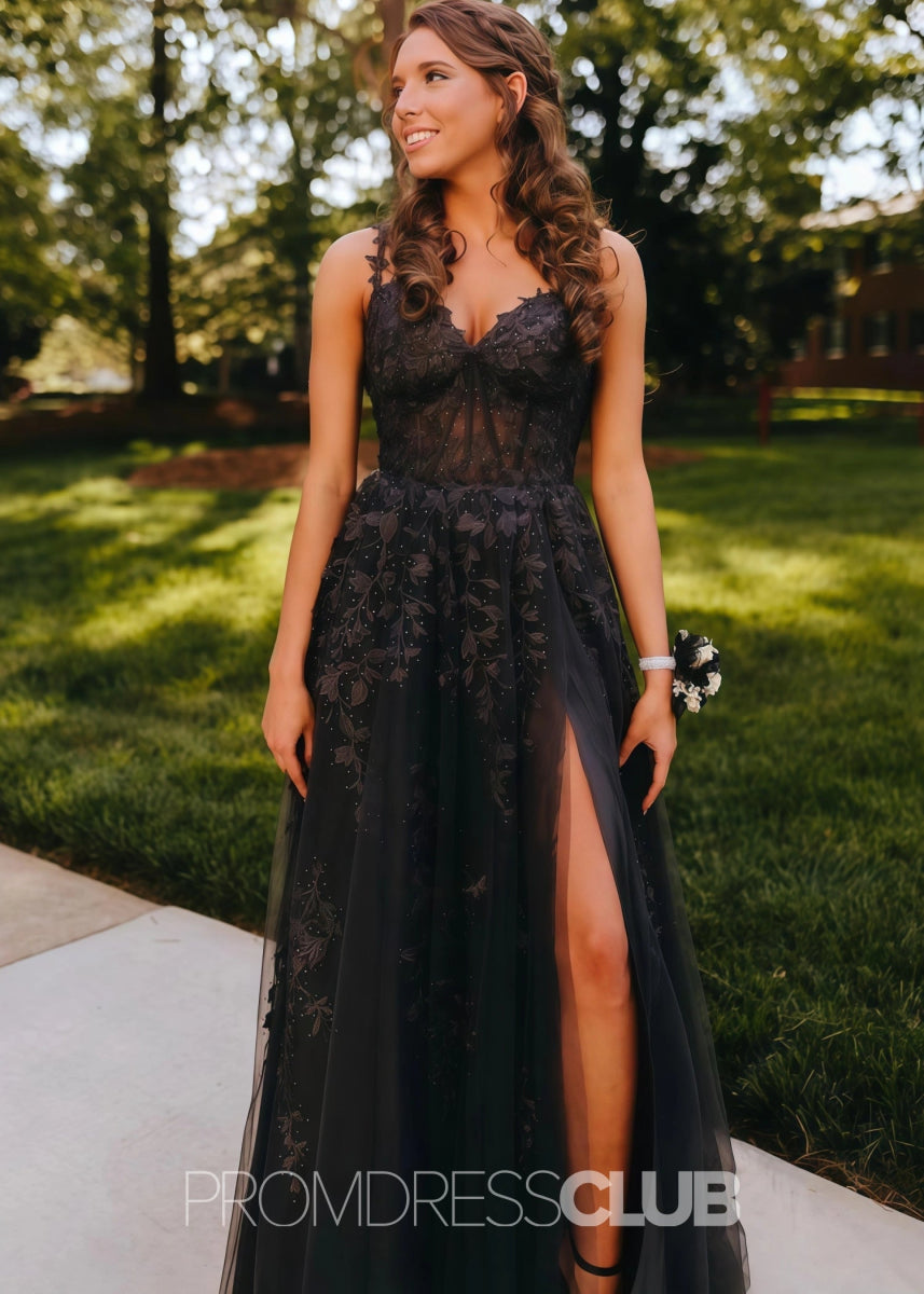 Eartha |Long Navy Blue Prom Dress Lace Tulle With A Line Sweetheart 3D Flower Slit - Black - PromDressClub