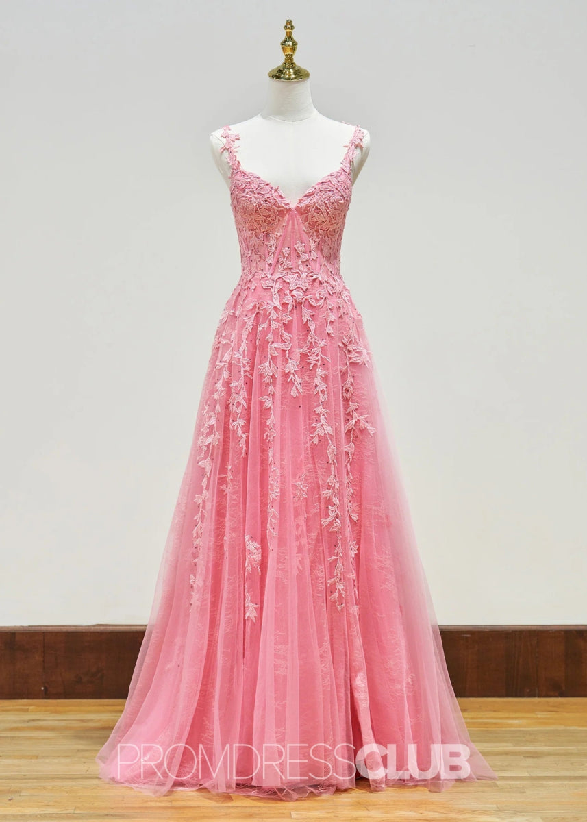 Eartha |Long Navy Blue Prom Dress Lace Tulle With A Line Sweetheart 3D Flower Slit - Hot Pink - PromDressClub