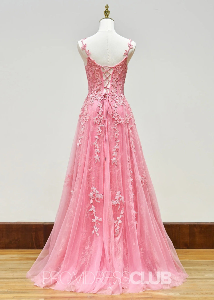 Eartha |Long Navy Blue Prom Dress Lace Tulle With A Line Sweetheart 3D Flower Slit - Hot Pink - PromDressClub