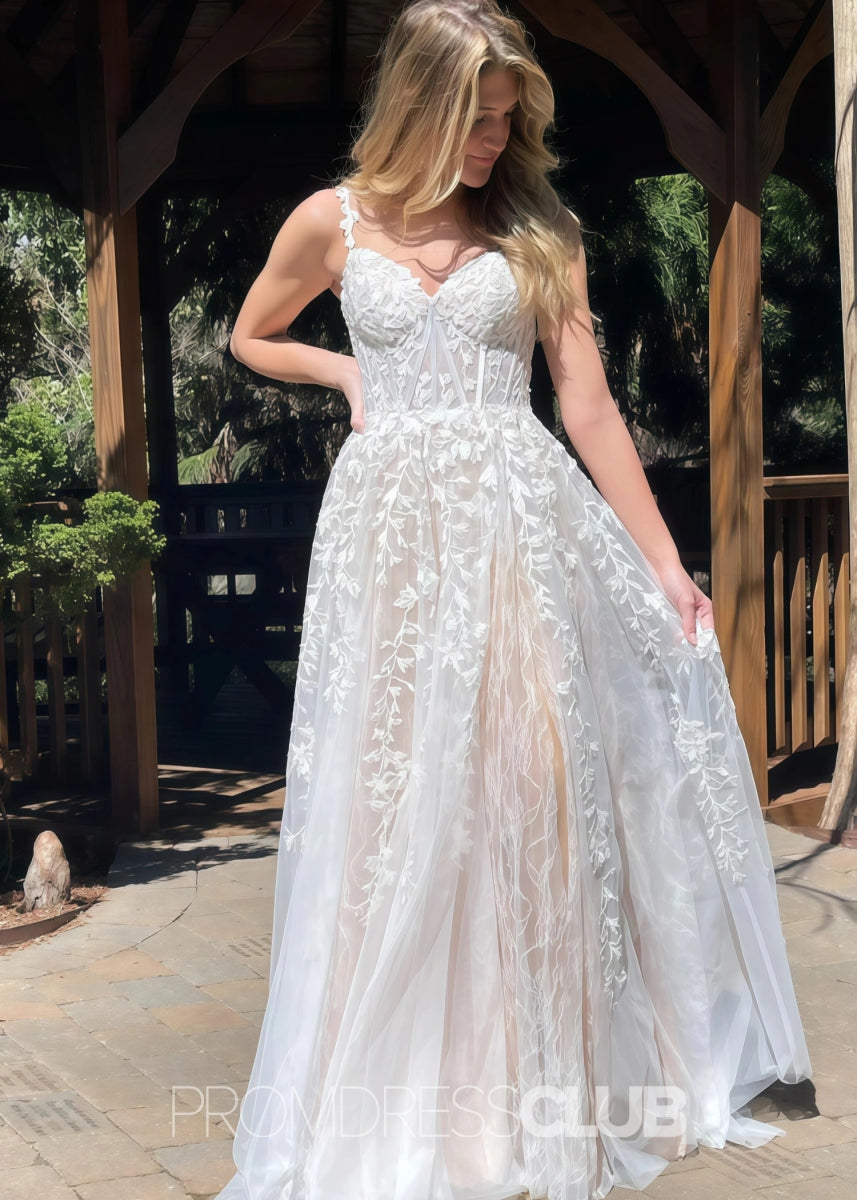 Eartha |Long Navy Blue Prom Dress Lace Tulle With A Line Sweetheart 3D Flower Slit - Ivory - PromDressClub