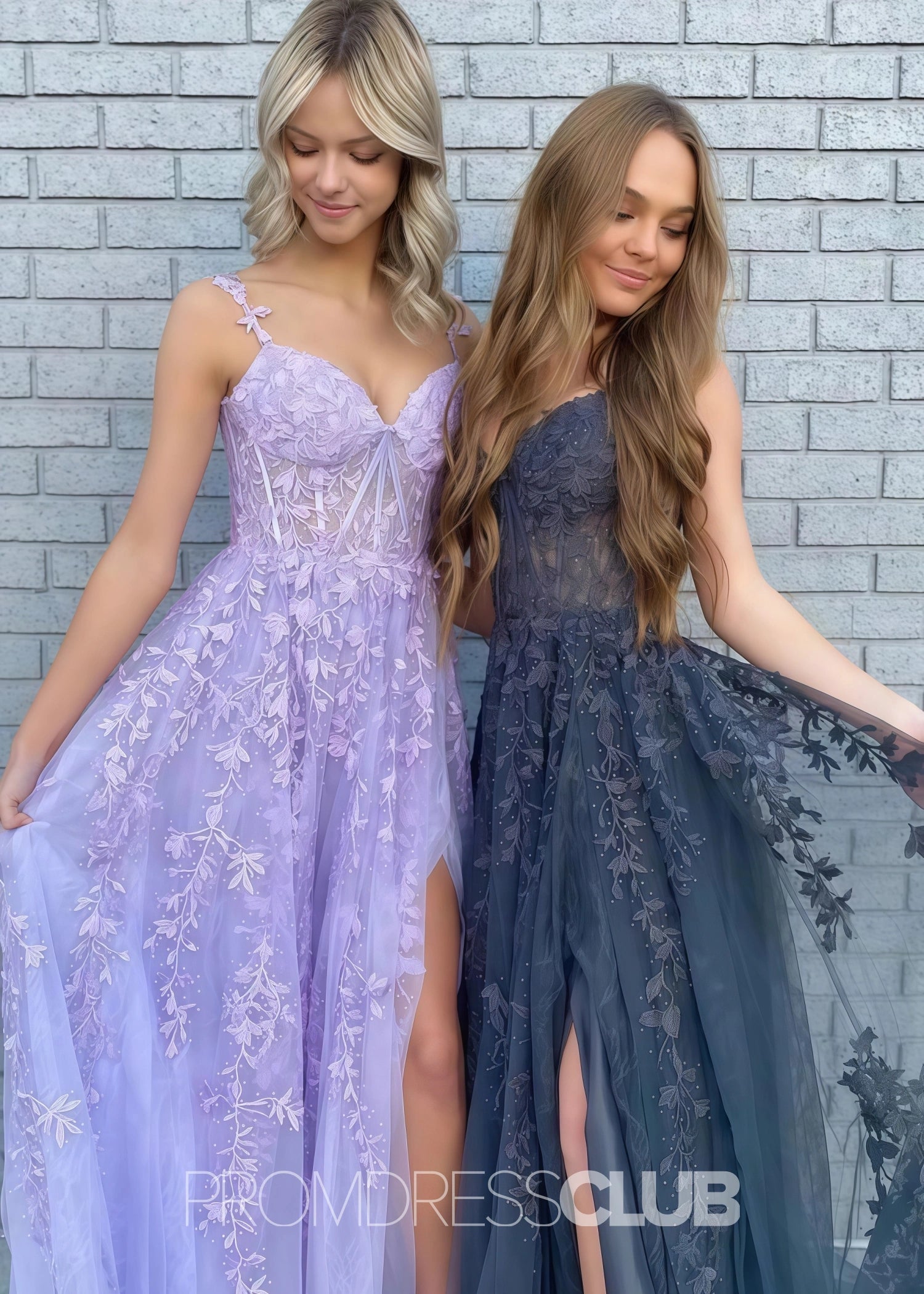 Eartha |Long Navy Blue Prom Dress Lace Tulle With A Line Sweetheart 3D Flower Slit - Purple - US0 - PromDressClub