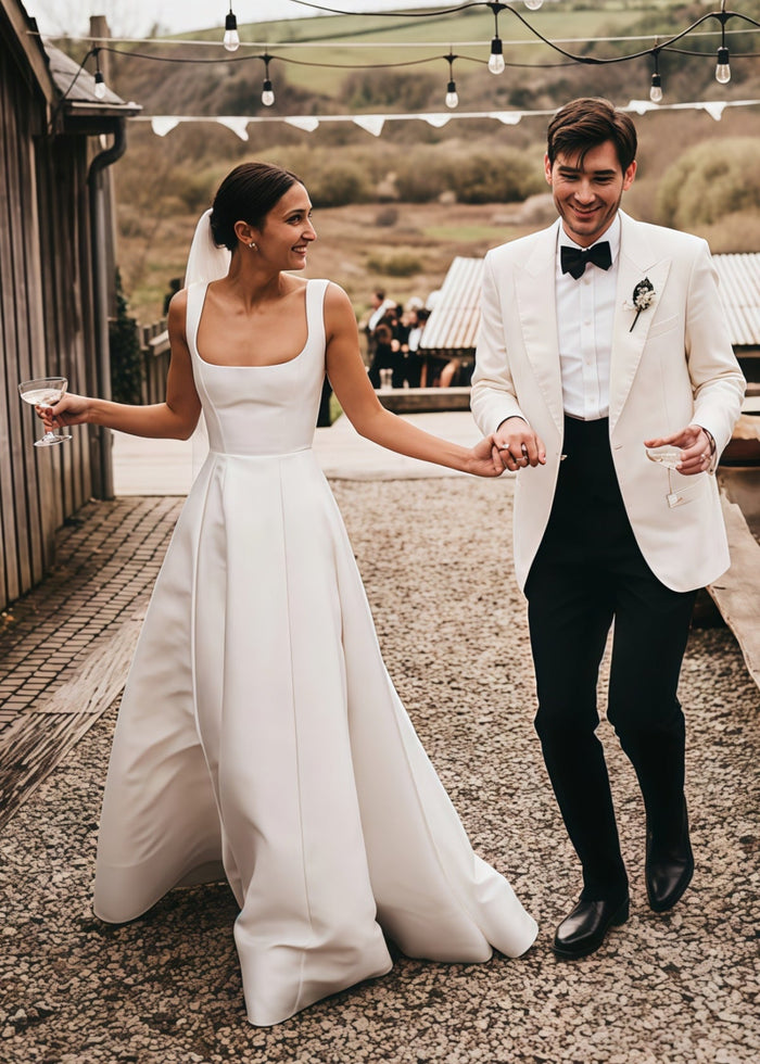 Eartha | Modern Backless Square Neck White Satin Long Wedding Dress with A - Line - Price #price_variant_lowest# - White - PromDressClub