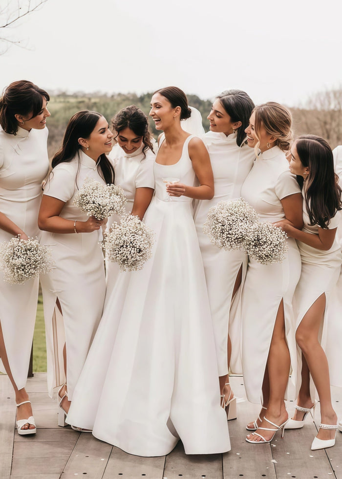 Eartha | Modern Backless Square Neck White Satin Long Wedding Dress with A - Line - Price #price_variant_lowest# - White - PromDressClub