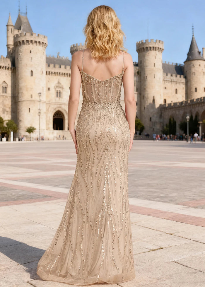 Ebullience Champagne Sequins Mermaid Prom Dress | Spaghetti Straps Sweetheart Neckline Floor Length Slit Dress - US0 - PromDressClub