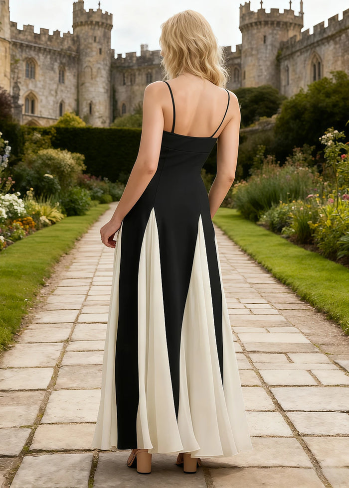 Eden A - line Black and White Prom Dress | Spaghetti Strap Sweethesrt Neckline Backless Chiffon Color - blocked Maxi Dress - Black - PromDressClub