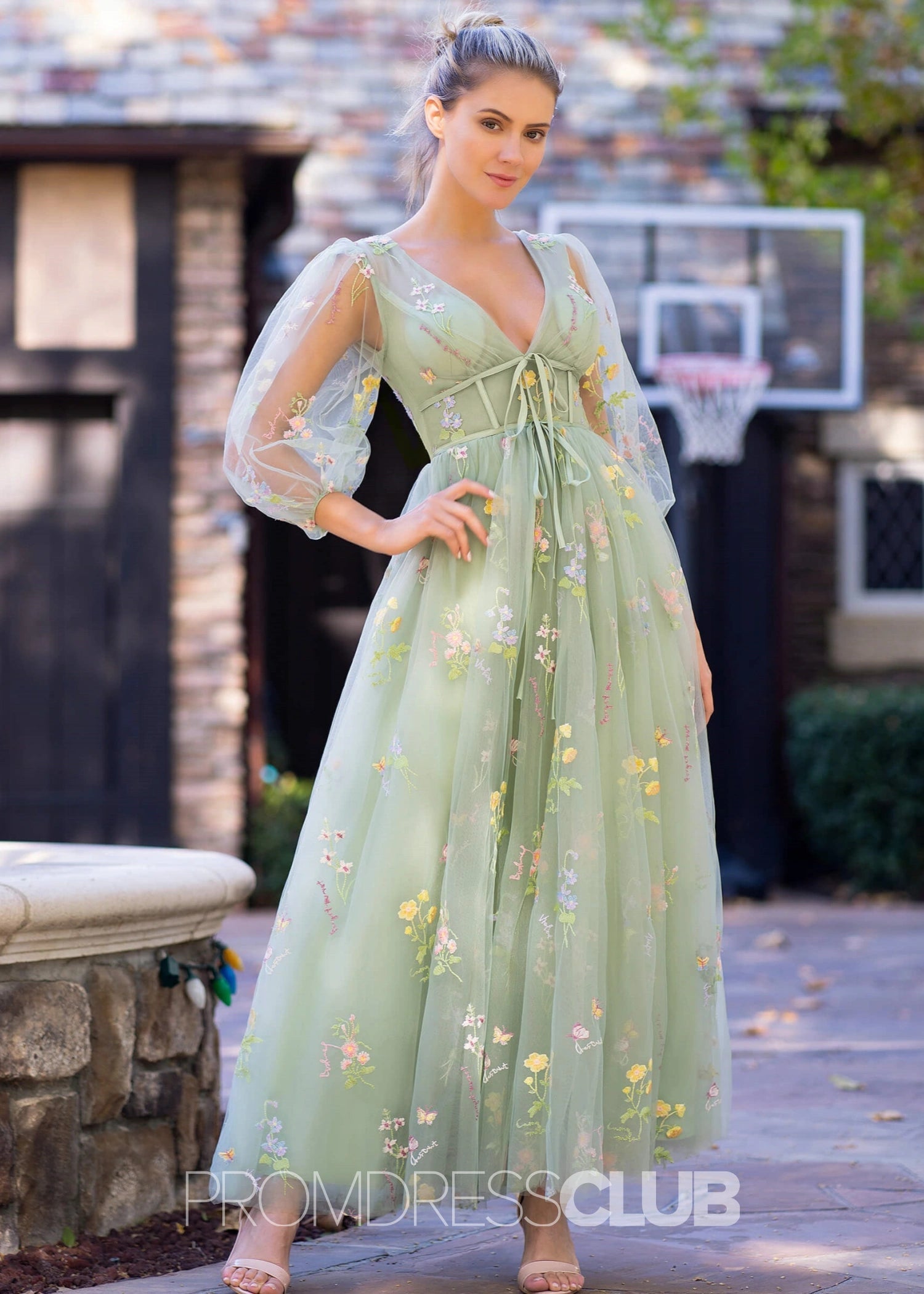 Eden |Tulle Green Prom Dress Long With A - line V - neck Embroidery Corset Floral - Green - US0 - PromDressClub