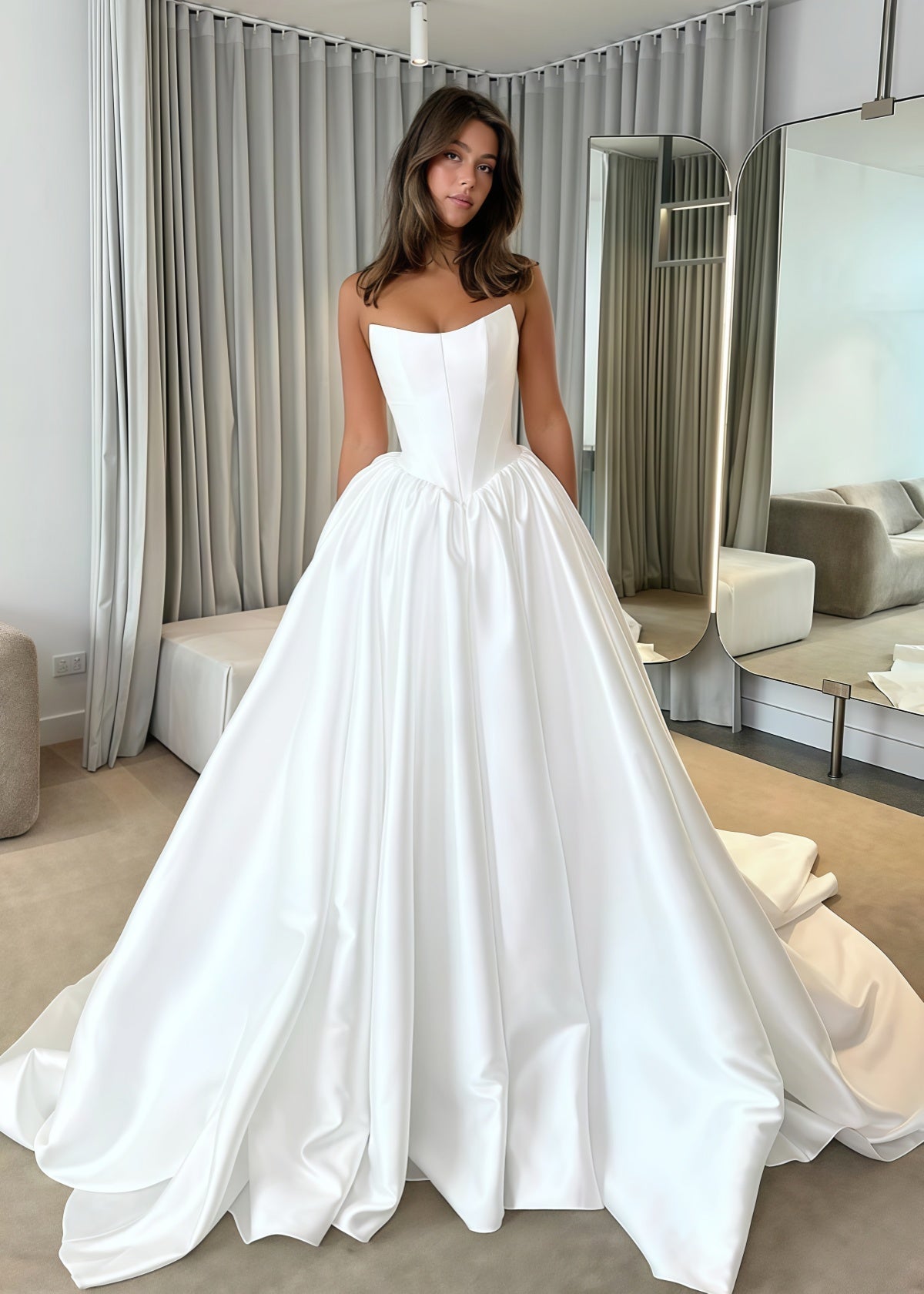 Edith | Ball Gown/Princess Strapless Backless White Satin Maxi Wedding Dress - White - PROMDRESS Club