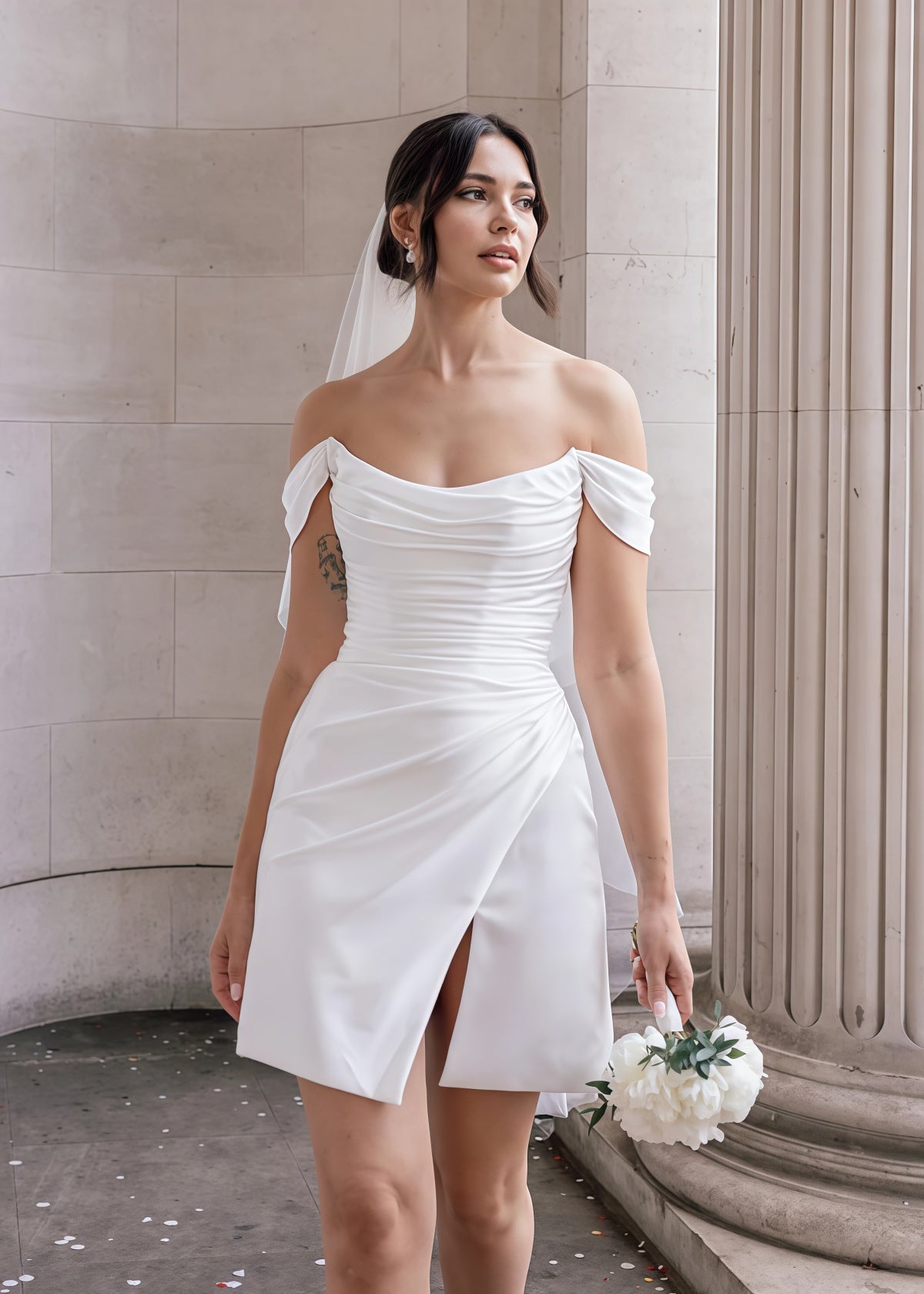 Eileen | Simple Cowl Neck Pleated Short/Mini White Satin Wedding dress with Slit and Off the Shoulder - White - PROMDRESS Club