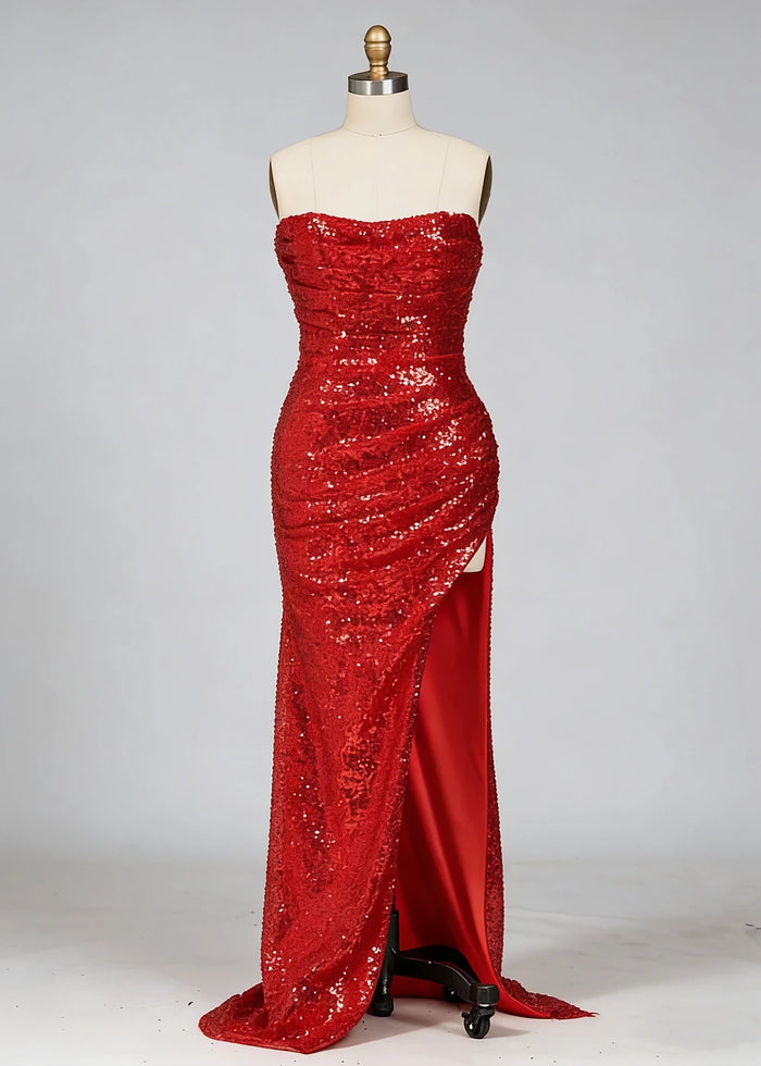 Eira Red Sparkly Prom Dress | Sheath Strapless Sweet Train Sequin Cokctail Dress with Slit - Red - PromDressClub