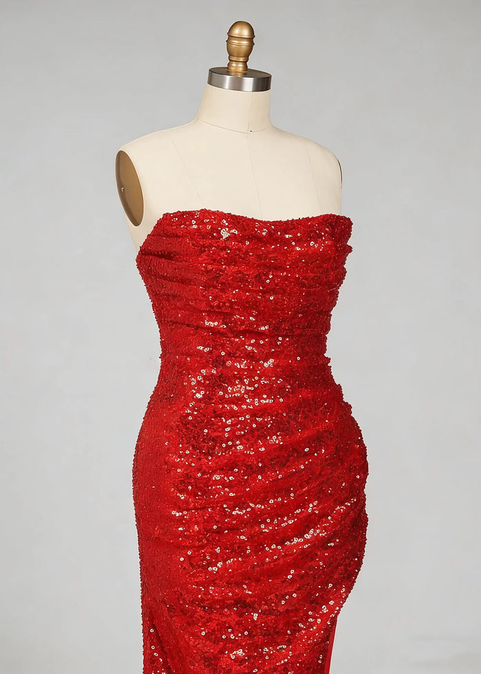 Eira Red Sparkly Prom Dress | Sheath Strapless Sweet Train Sequin Cokctail Dress with Slit - Red - PromDressClub