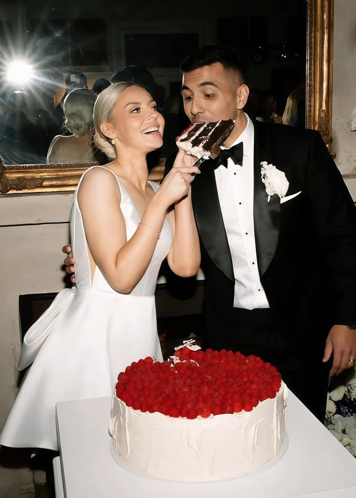 Elaine | Sexy V - Neck Backless White Satin Short/Mini Wedding Dress with Bows - Price #price_variant_lowest# - White - PromDressClub