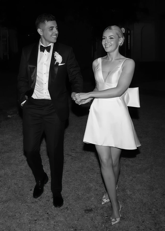 Elaine | Sexy V - Neck Backless White Satin Short/Mini Wedding Dress with Bows - Price #price_variant_lowest# - White - PromDressClub