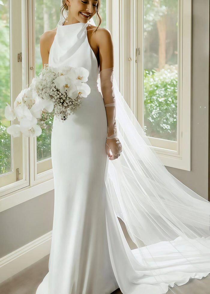 Eleanore | Classic Trumpet/Mermaid High Neck Backless White Satin Maxi Wedding Dress with Long Train - Price #price_variant_lowest# - White - PromDressClub