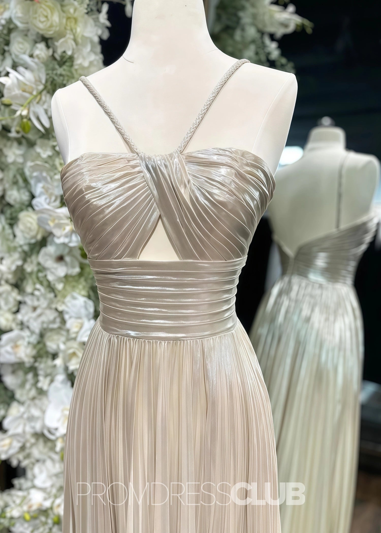 Eleanore |Long Gold Prom Dress Metallic With Spaghetti Strap Slit - Champagne - US0 - PromDressClub