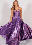 Eleanore |Long Gold Prom Dress Metallic With Spaghetti Strap Slit - Purple - US0 - PromDressClub