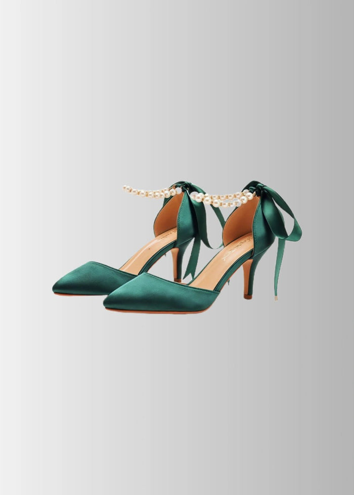 Elegant Satin Heels - Dark Green and White Pointed Toe Pearl Strap Heels for Every Occasion - Dark Green - PromDressClub