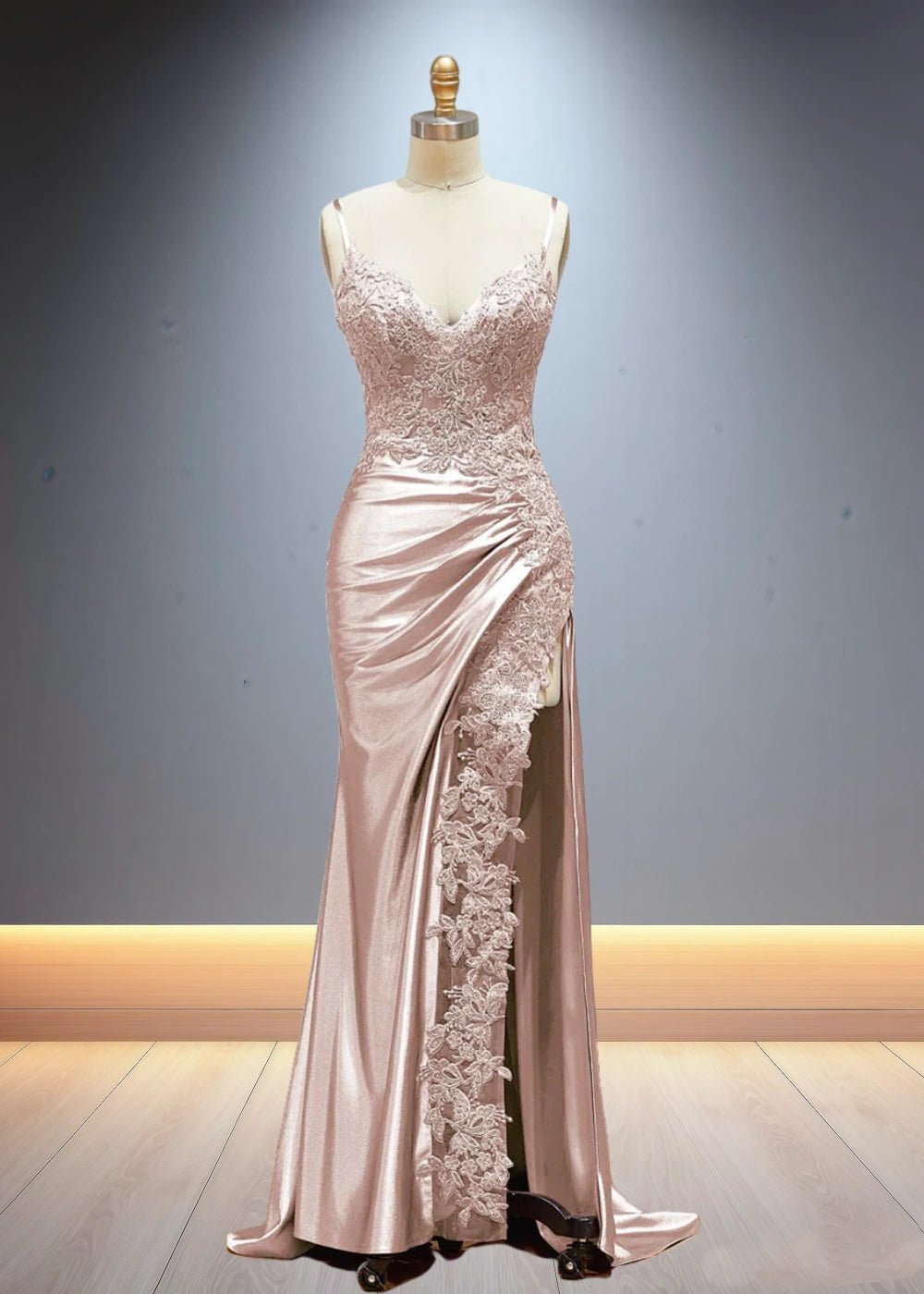 Eliy | Sheath Lace Appliques Satin Corser Black Formal Dress with Slit - Blush - PromDressClub