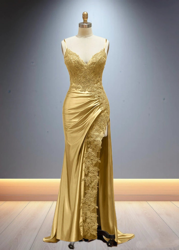 Eliy | Sheath Lace Appliques Satin Corser Black Formal Dress with Slit - Gold - PromDressClub