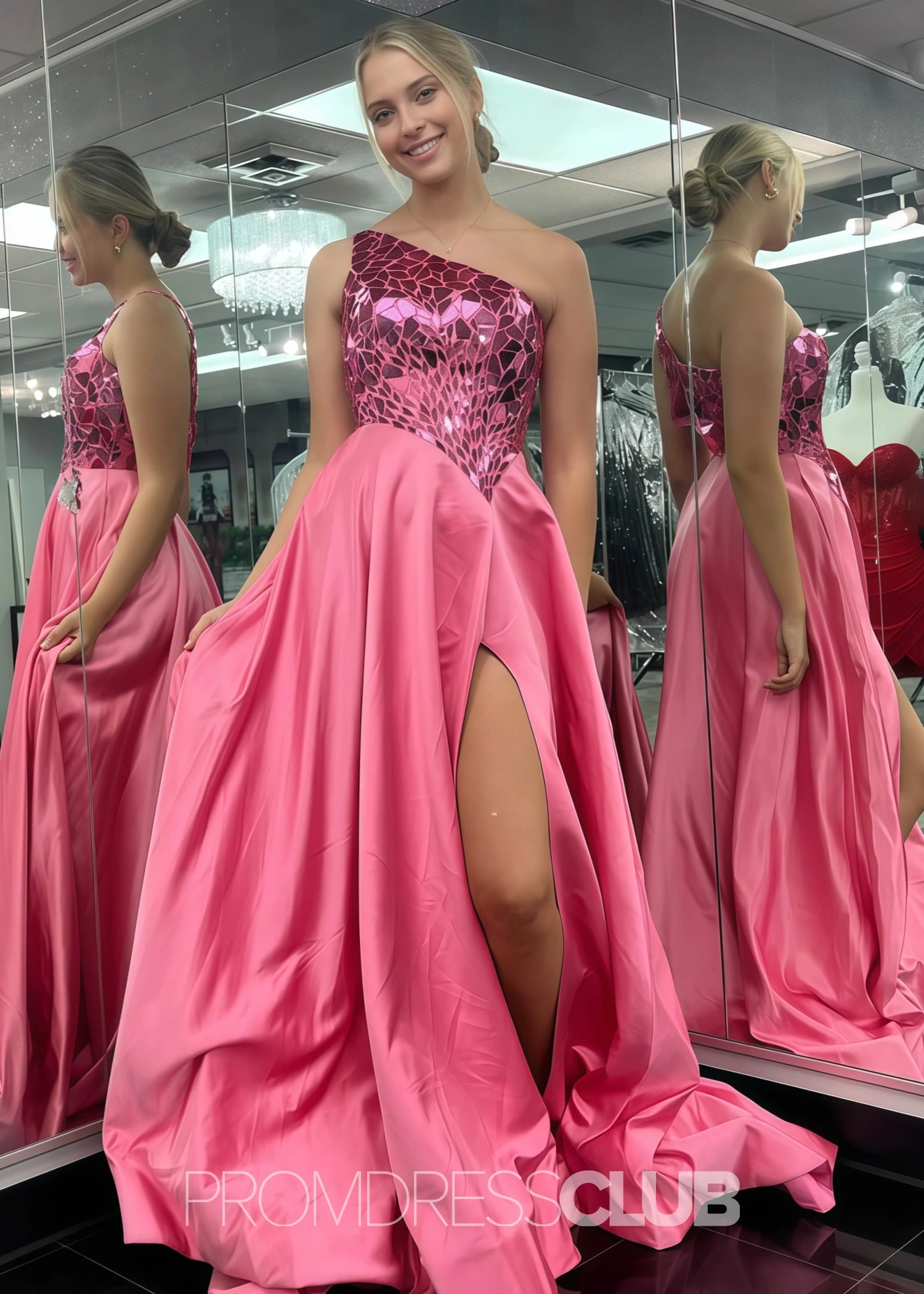 Elizabeth |Long Red Prom Dress Sequins With A Line One Shoulder Slit - Pink - US0 - PromDressClub