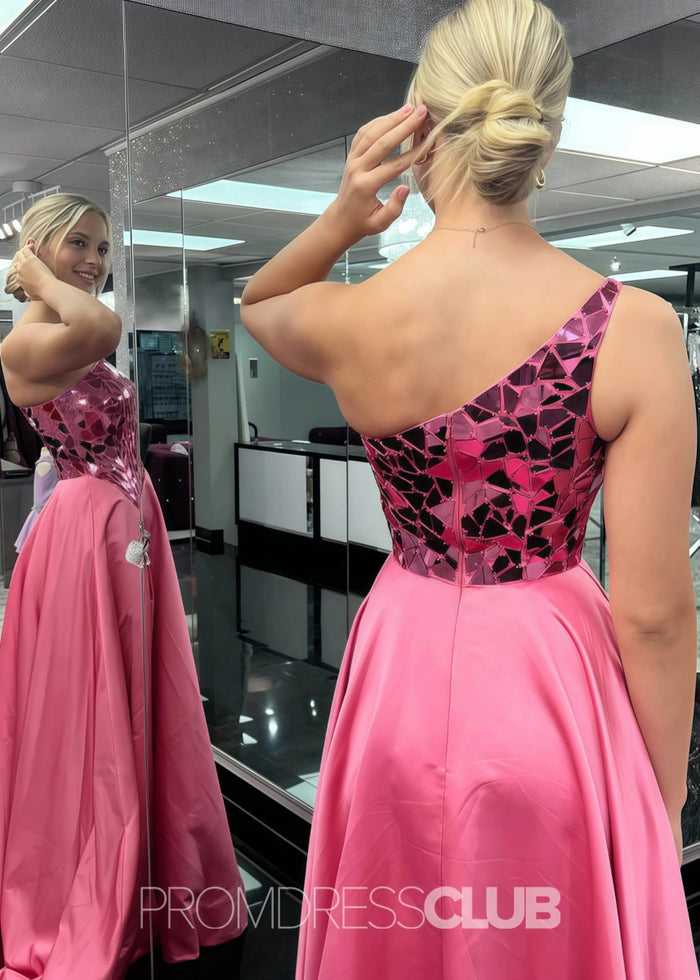 Elizabeth |Long Red Prom Dress Sequins With A Line One Shoulder Slit - Pink - PromDressClub