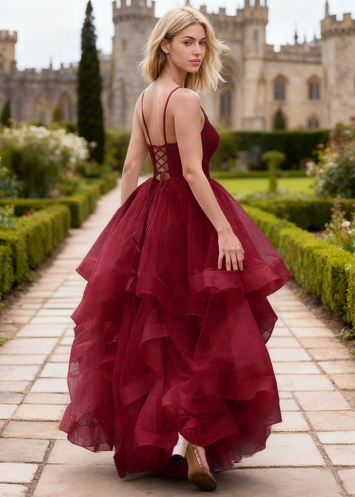 Ella Burgundy Glitter Tulle Ruffled Prom Dress | A - Line Spaghetti Strap V - Neck Wedding Guest Dress - Burgundy - PromDressClub