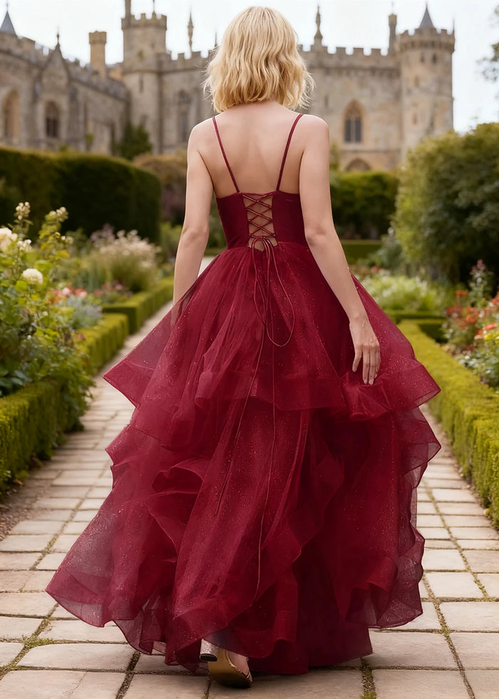 Ella Burgundy Glitter Tulle Ruffled Prom Dress | A - Line Spaghetti Strap V - Neck Wedding Guest Dress - Burgundy - PromDressClub