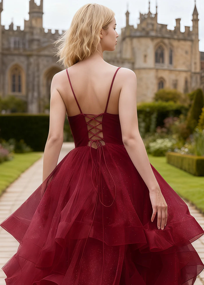 Ella Burgundy Glitter Tulle Ruffled Prom Dress | A - Line Spaghetti Strap V - Neck Wedding Guest Dress - Burgundy - PromDressClub