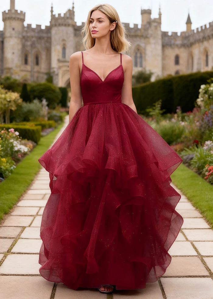Ella Burgundy Glitter Tulle Ruffled Prom Dress | A - Line Spaghetti Strap V - Neck Wedding Guest Dress - Burgundy - PromDressClub