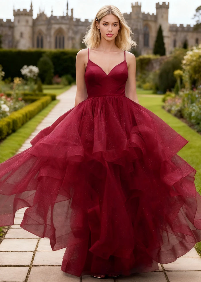Ella Burgundy Glitter Tulle Ruffled Prom Dress | A - Line Spaghetti Strap V - Neck Wedding Guest Dress - Burgundy - PromDressClub