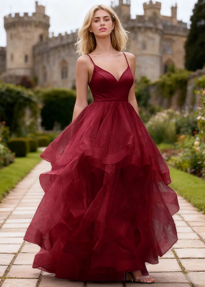 Ella Burgundy Glitter Tulle Ruffled Prom Dress | A - Line Spaghetti Strap V - Neck Wedding Guest Dress - Burgundy - PromDressClub