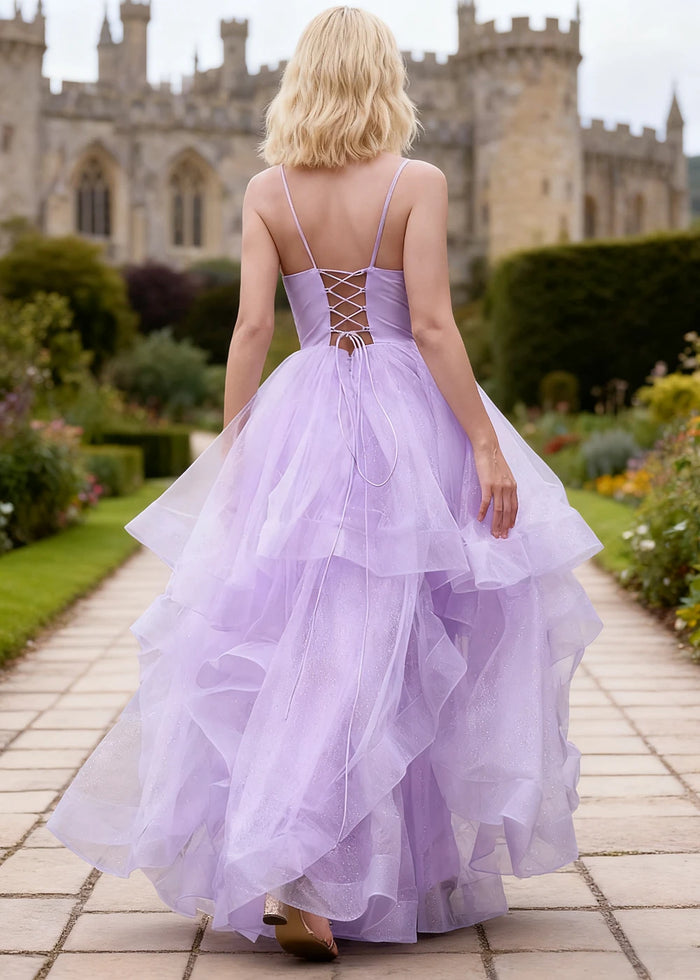 Ella Lilac Glitter Tulle Ruffled Prom Dress | A - Line Spaghetti Strap V - Neck Wedding Guest Dress - Lilac - PromDressClub