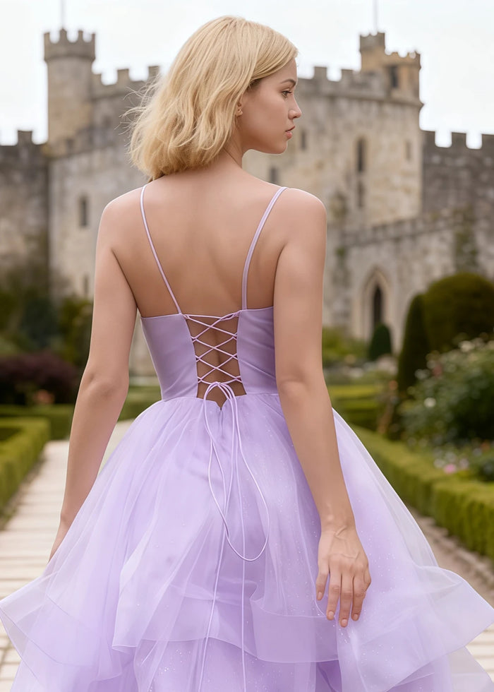 Ella Lilac Glitter Tulle Ruffled Prom Dress | A - Line Spaghetti Strap V - Neck Wedding Guest Dress - Lilac - PromDressClub