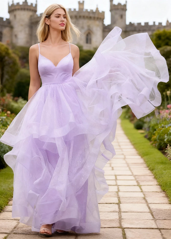 Ella Lilac Glitter Tulle Ruffled Prom Dress | A - Line Spaghetti Strap V - Neck Wedding Guest Dress - Lilac - PromDressClub