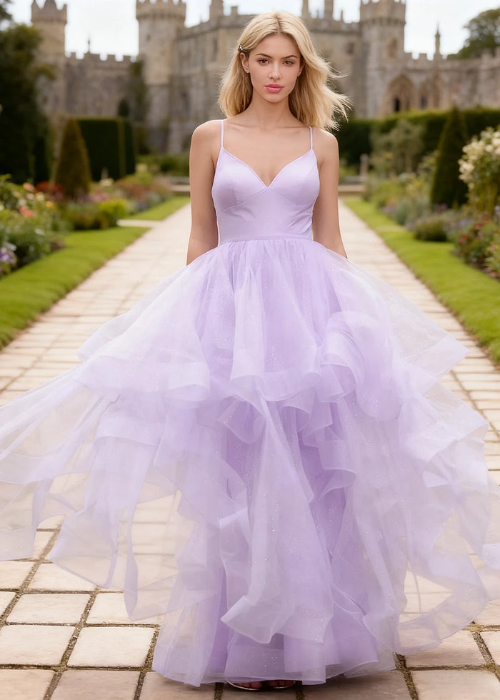 Ella Lilac Glitter Tulle Ruffled Prom Dress | A - Line Spaghetti Strap V - Neck Wedding Guest Dress - Lilac - PromDressClub