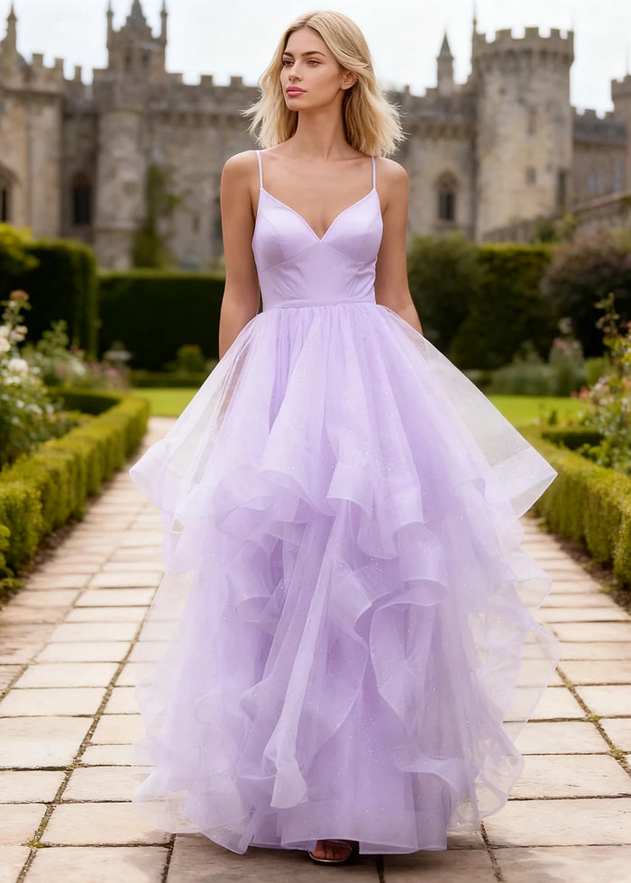 Ella Lilac Glitter Tulle Ruffled Prom Dress | A - Line Spaghetti Strap V - Neck Wedding Guest Dress - Lilac - PromDressClub