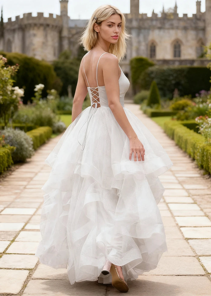 Ella White Glitter Tulle Ruffled Prom Dress | A - Line Spaghetti Strap V - Neck Wedding Guest Dress - White - PromDressClub
