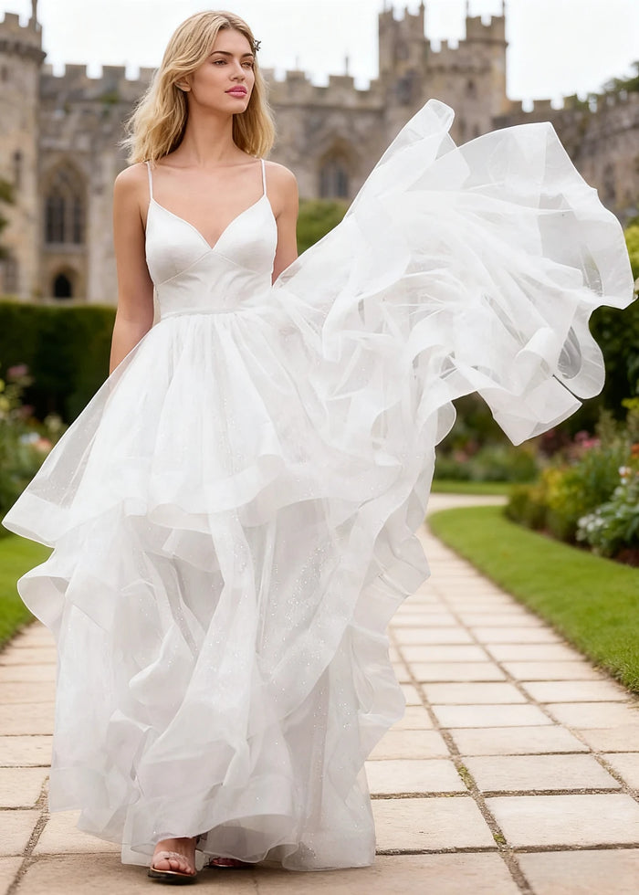 Ella White Glitter Tulle Ruffled Prom Dress | A - Line Spaghetti Strap V - Neck Wedding Guest Dress - White - PromDressClub