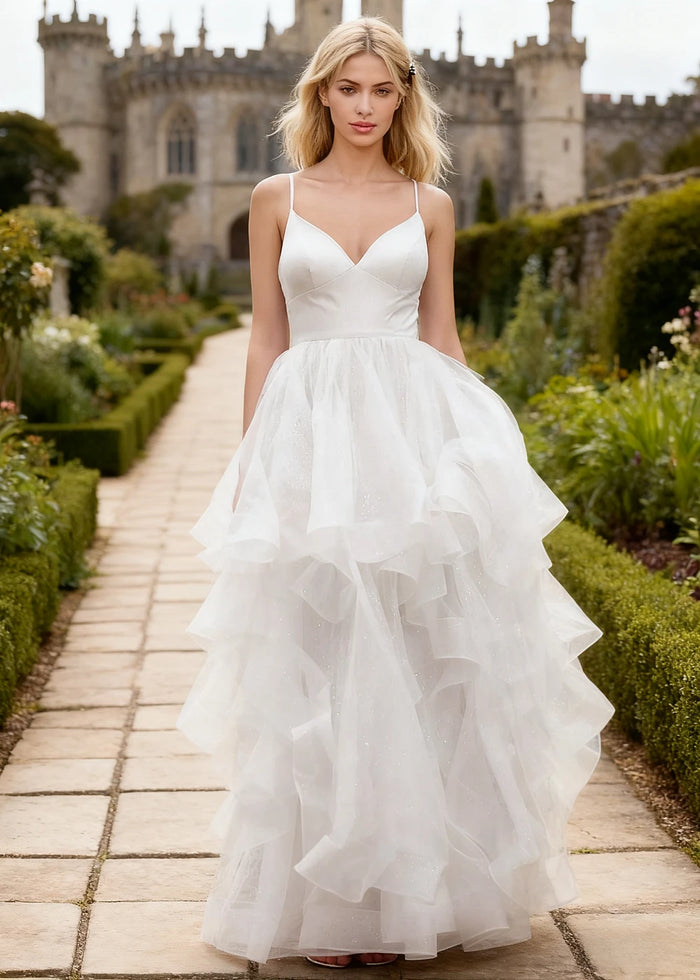 Ella White Glitter Tulle Ruffled Prom Dress | A - Line Spaghetti Strap V - Neck Wedding Guest Dress - White - PromDressClub