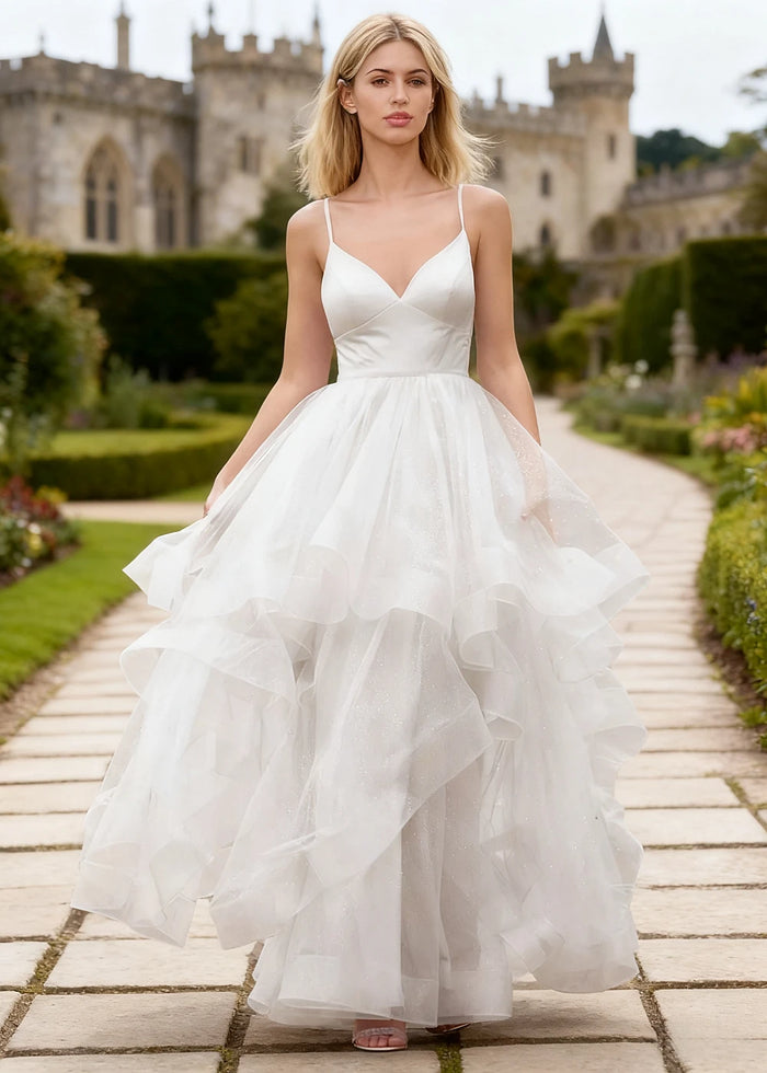 Ella White Glitter Tulle Ruffled Prom Dress | A - Line Spaghetti Strap V - Neck Wedding Guest Dress - White - PromDressClub