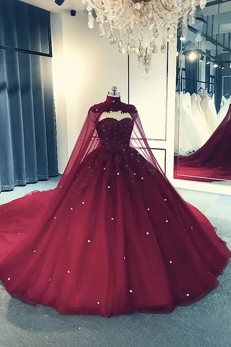 Ella | Gorgeous Sparkling Ball Gown Strapless Red Quinceanera Dresses with Cape - Available in Multiple Colors! - Burgundy - PromDressClub