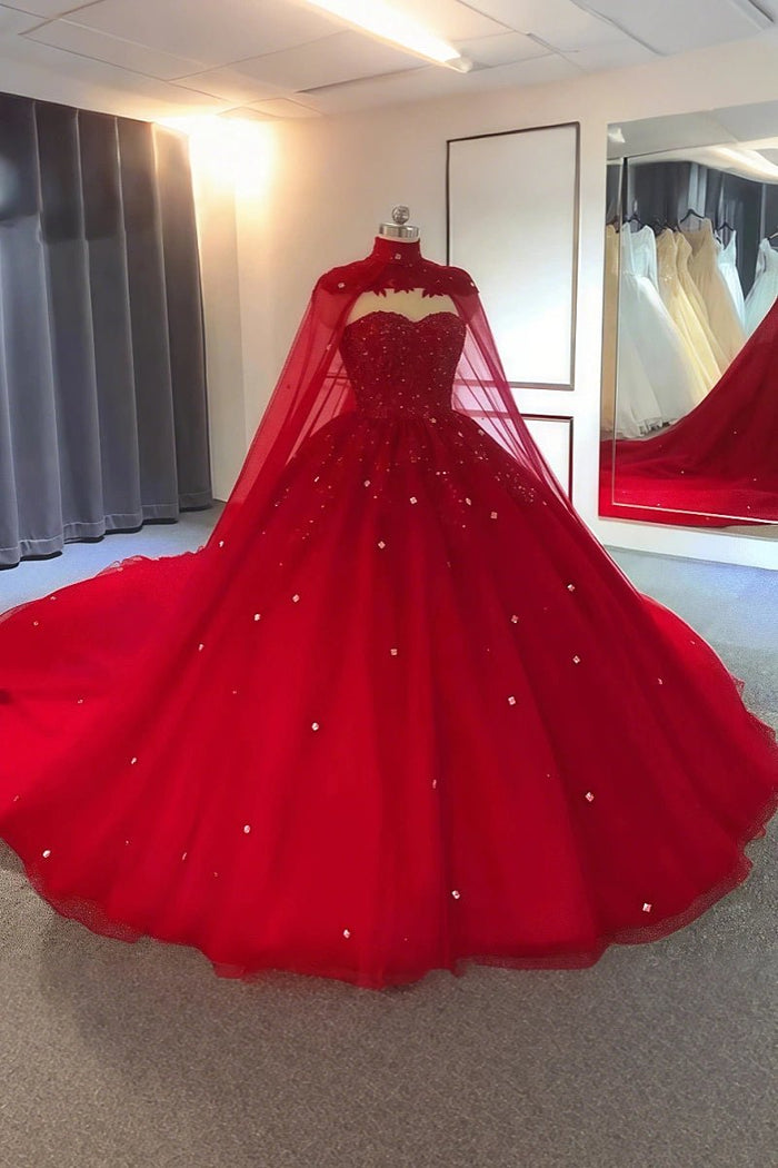 Ella | Gorgeous Sparkling Ball Gown Strapless Red Quinceanera Dresses with Cape - Available in Multiple Colors! - Red - PromDressClub