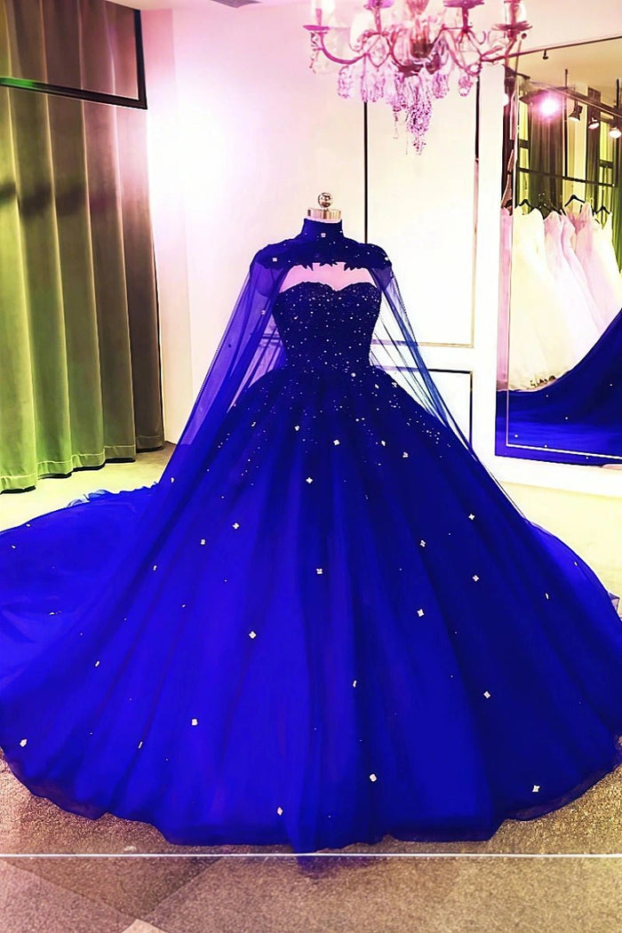 Ella | Gorgeous Sparkling Ball Gown Strapless Red Quinceanera Dresses with Cape - Available in Multiple Colors! - Royal Blue - PromDressClub