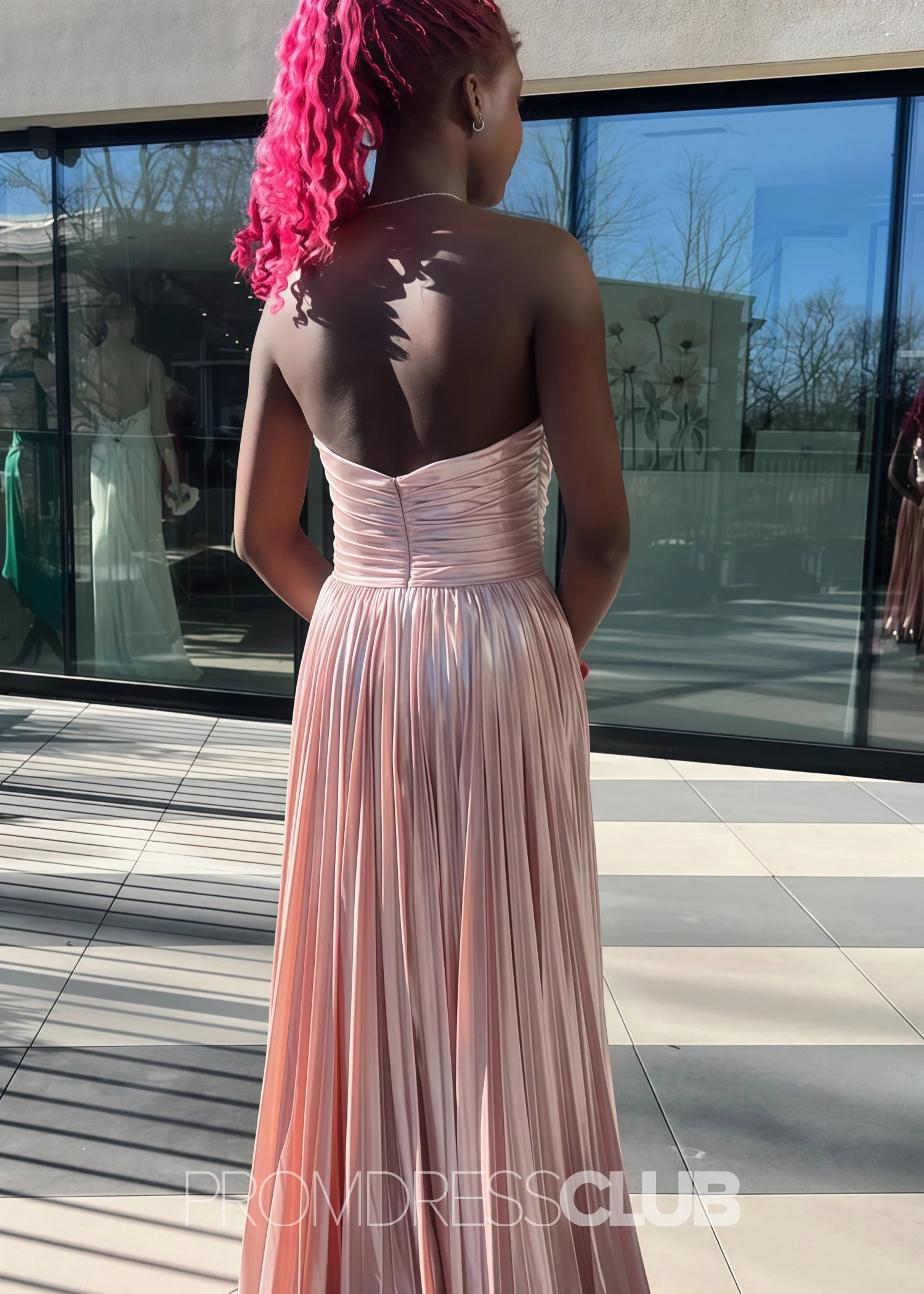 Ella |Long Green Prom Dress Metallic With A Line Strapless Pleated Slit - Candy Pink - US0 - PromDressClub