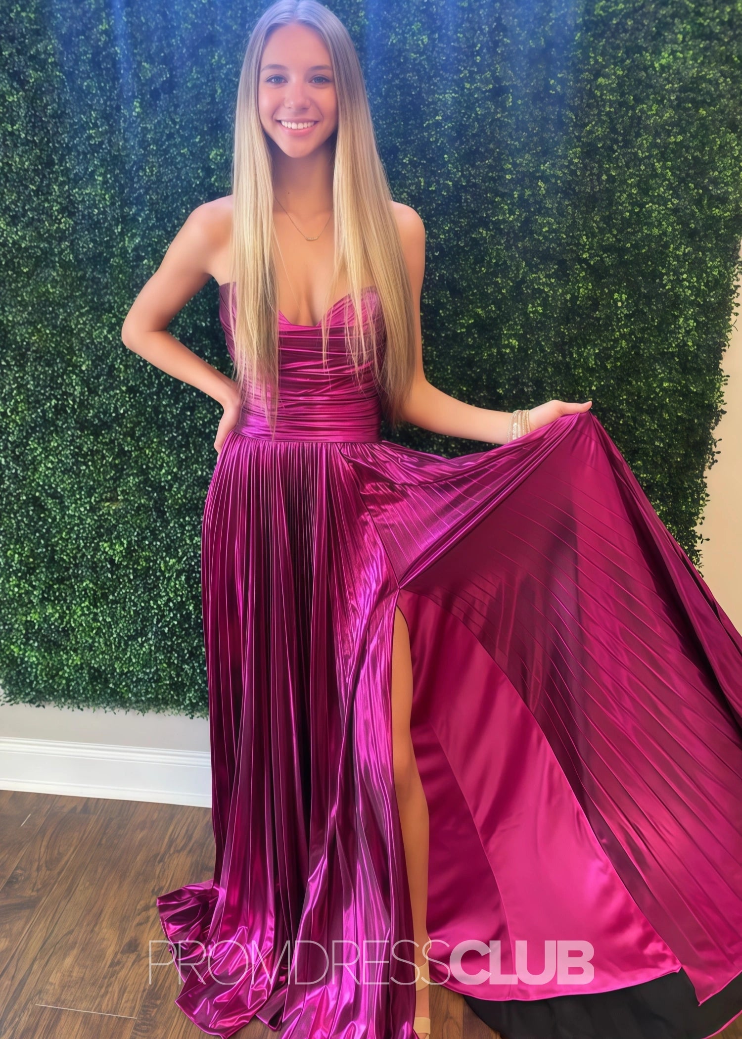 Ella |Long Green Prom Dress Metallic With A Line Strapless Pleated Slit - Fuchsia - US0 - PromDressClub