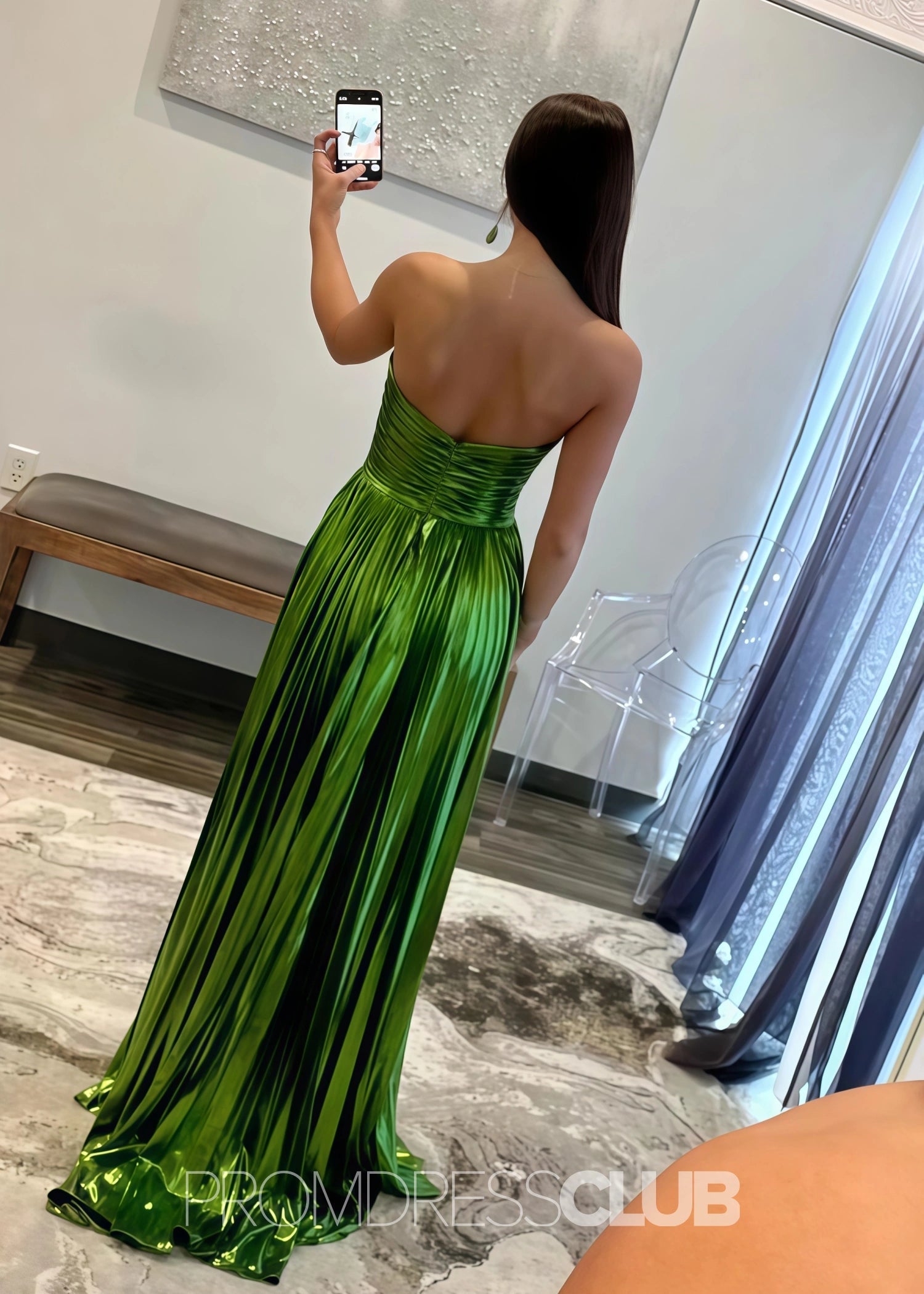 Ella |Long Green Prom Dress Metallic With A Line Strapless Pleated Slit - Green - US0 - PromDressClub