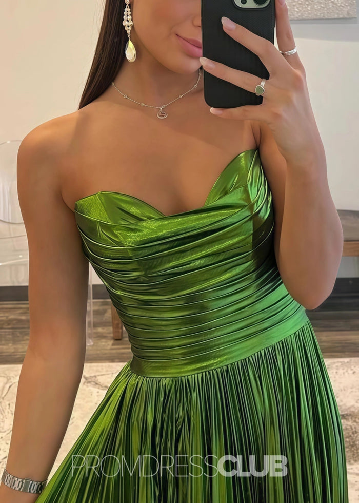 Ella |Long Green Prom Dress Metallic With A Line Strapless Pleated Slit - Gold - PromDressClub