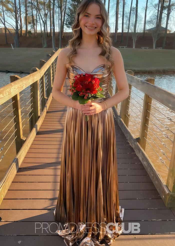 Ella |Long Green Prom Dress Metallic With A Line Strapless Pleated Slit - Gold - PromDressClub
